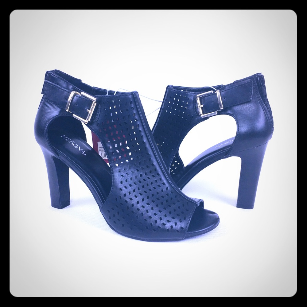 MERONA Womens Black Peep Toe Leather High Heels 7